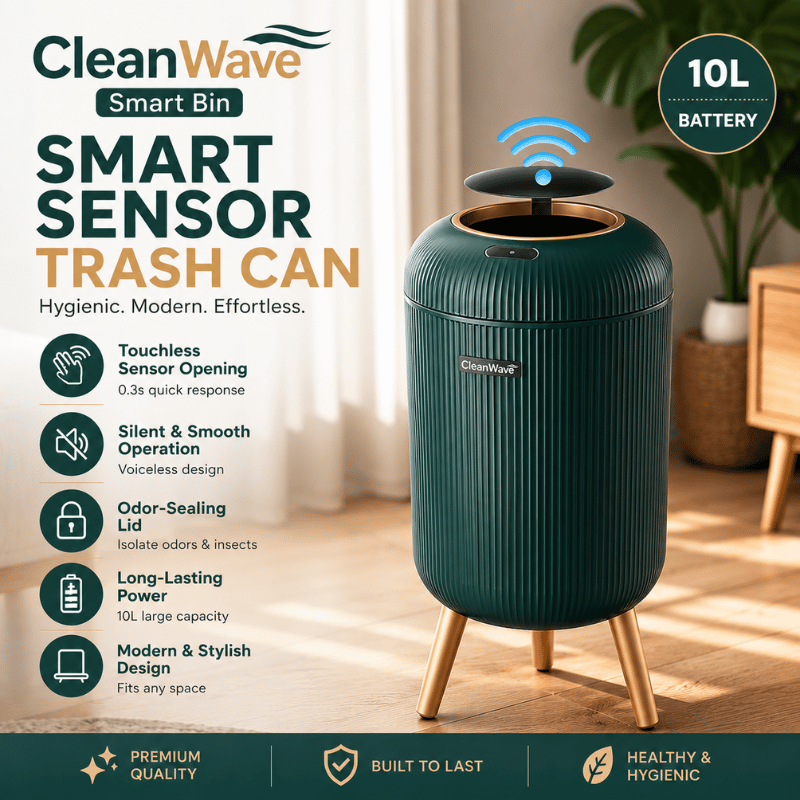 CleanWave Smart Bin - Motion sensor trash can with lid for home & office use