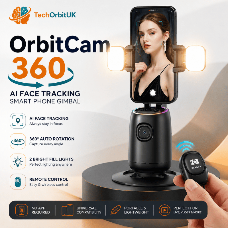 OrbitCam 360 - Smart stabilizer with 360° rotation, perfect for streaming and selfies
