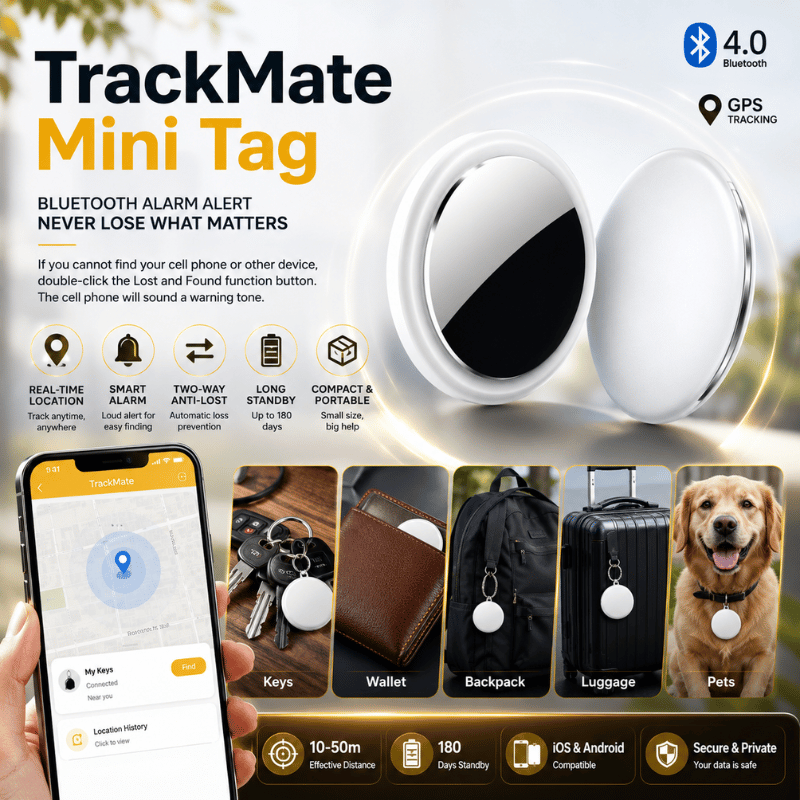 TrackMate Mini Tag - Bluetooth GPS locator with alarm & Find My app support