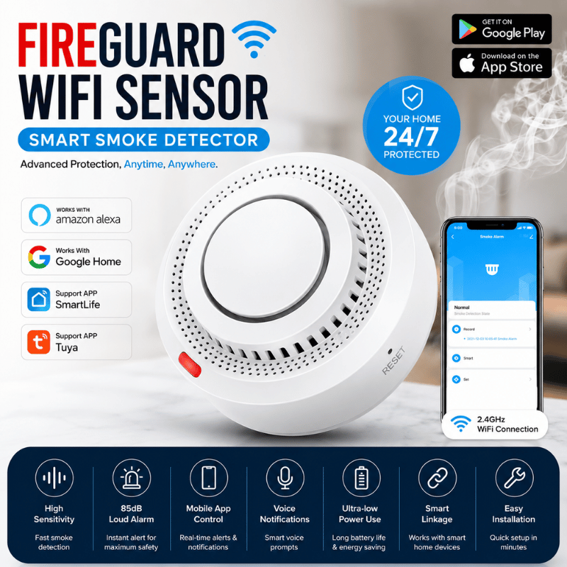 FireGuard WiFi Sensor - Smart smoke detector with 85dB alarm & Tuya app control