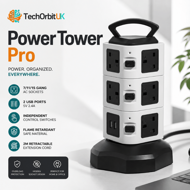 PowerTower Pro - Vertical tower socket with surge protection, USB ports, and 2m extension