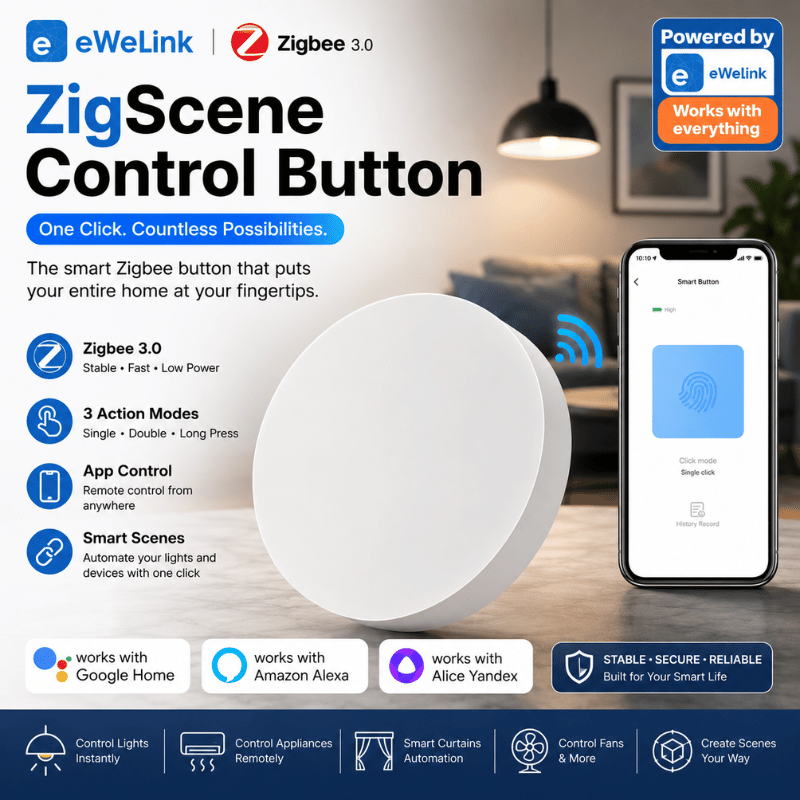 ZigScene Control Button - Wireless Zigbee smart button with voice control via Alexa, Google & Alice