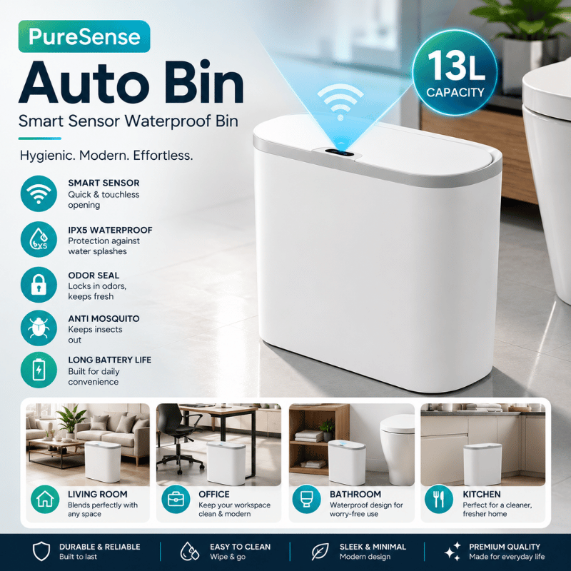 PureSense Auto Bin - Slim waterproof motion sensor trash can for bathroom & kitchen