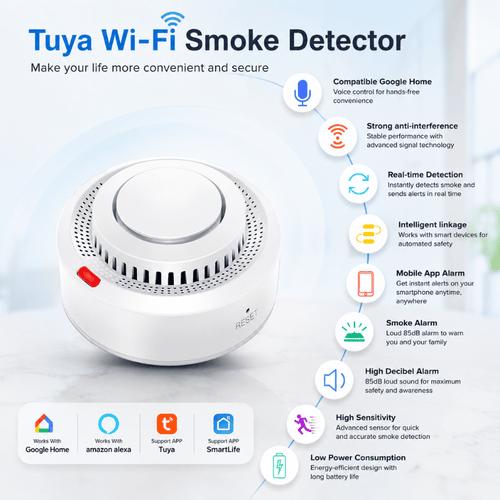FireGuard WiFi Sensor - Smart smoke detector with 85dB alarm & Tuya app control