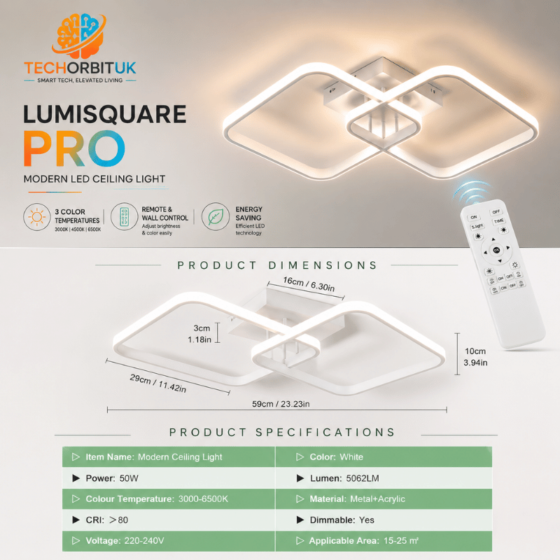 LumiSquare Pro - 50W LED ceiling lamp, dimmable with remote, modern square design, 5625LM