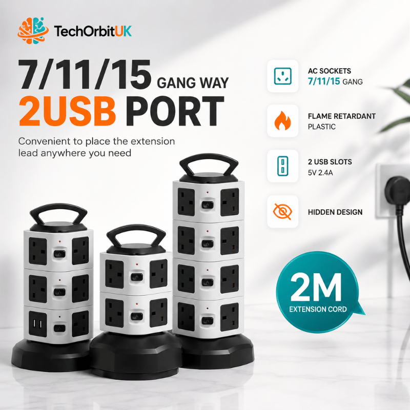 PowerTower Pro - Vertical tower socket with surge protection, USB ports, and 2m extension