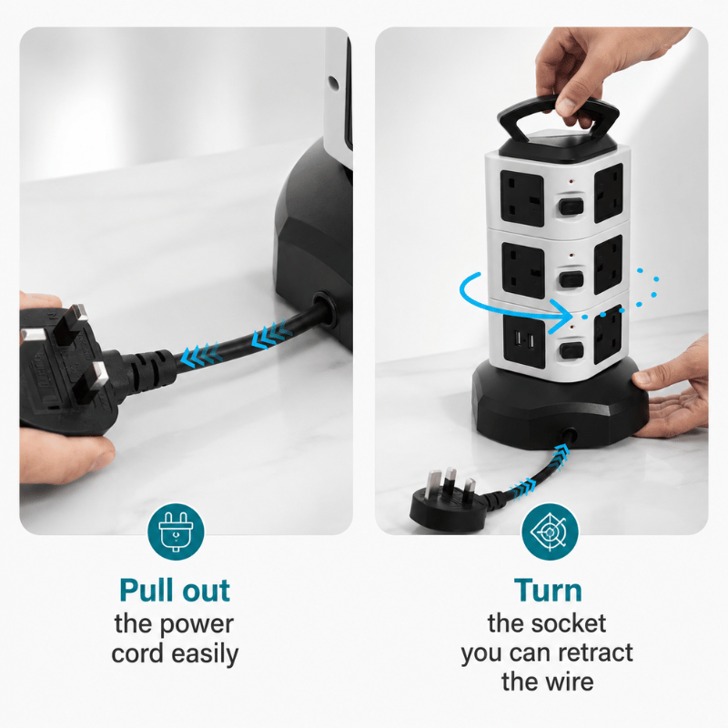 PowerTower Pro - Vertical tower socket with surge protection, USB ports, and 2m extension