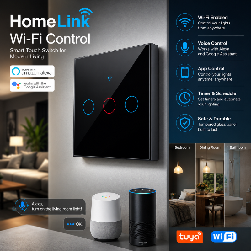 HomeLink Wi-Fi Control - Smart Wi-Fi wall switch with touch control, Alexa & Google Home ready
