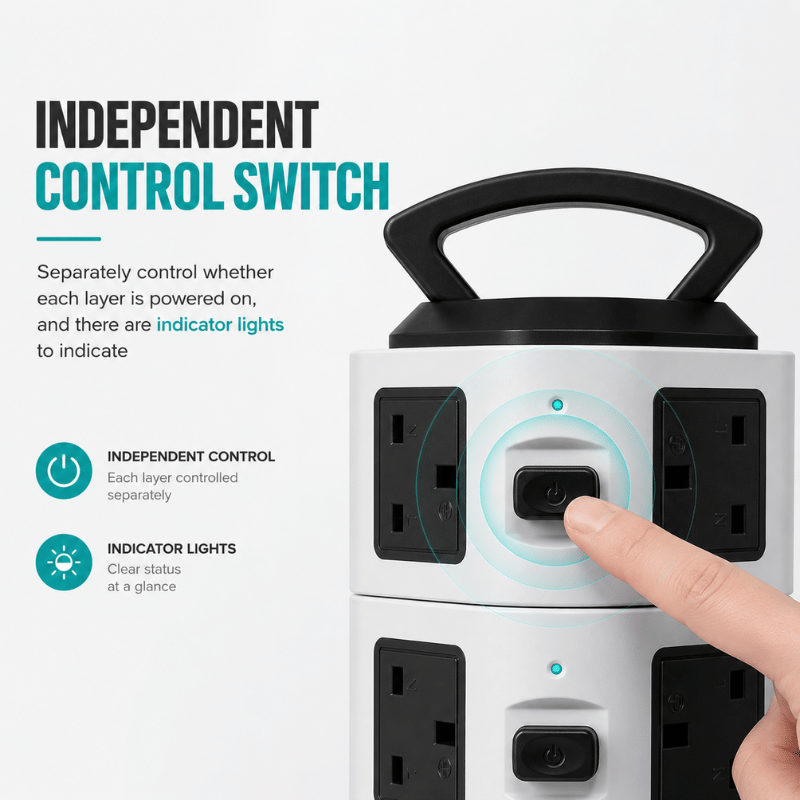 PowerTower Pro - Vertical tower socket with surge protection, USB ports, and 2m extension