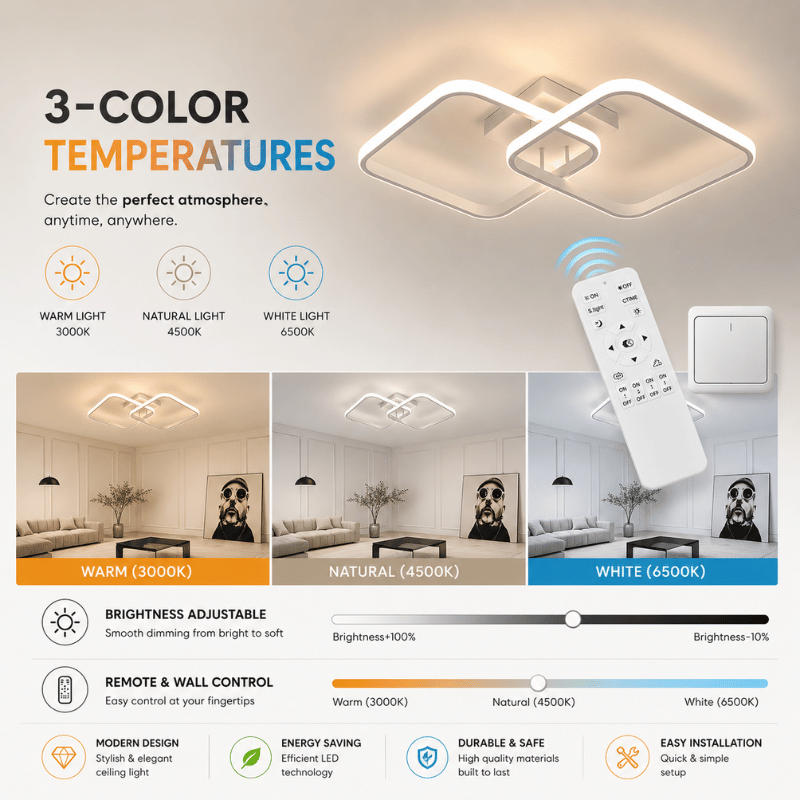 LumiSquare Pro - 50W LED ceiling lamp, dimmable with remote, modern square design, 5625LM
