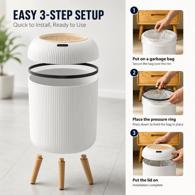 CleanWave Smart Bin - Motion sensor trash can with lid for home & office use