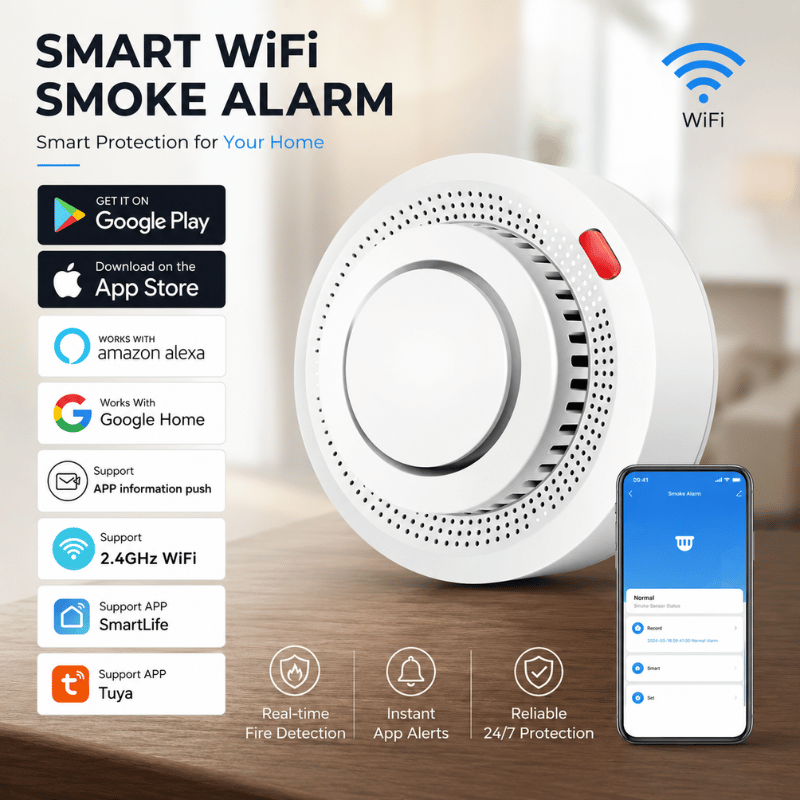 FireGuard WiFi Sensor - Smart smoke detector with 85dB alarm & Tuya app control