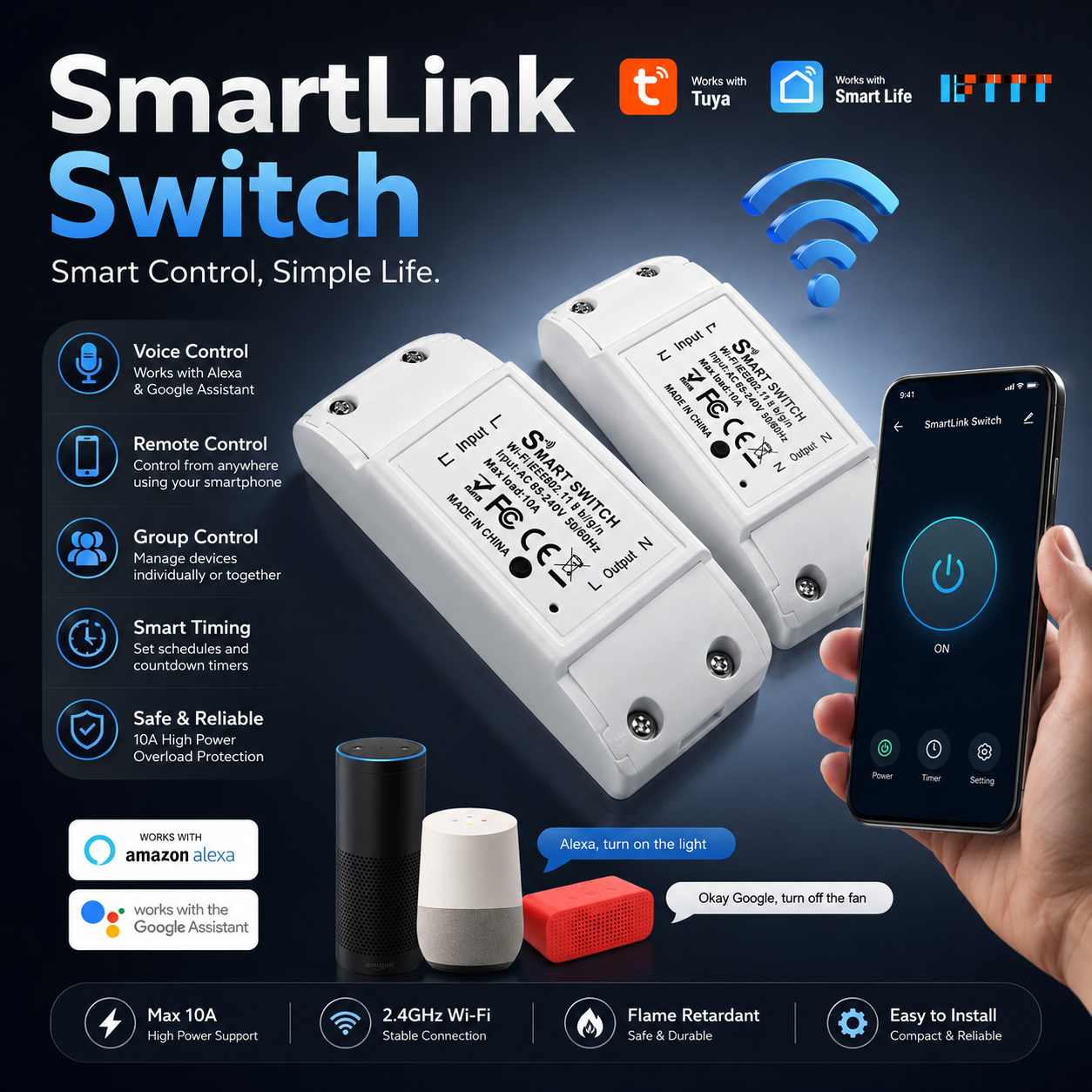 SmartLink Switch - Wireless remote controller, Alexa & Google compatible, easy home automation