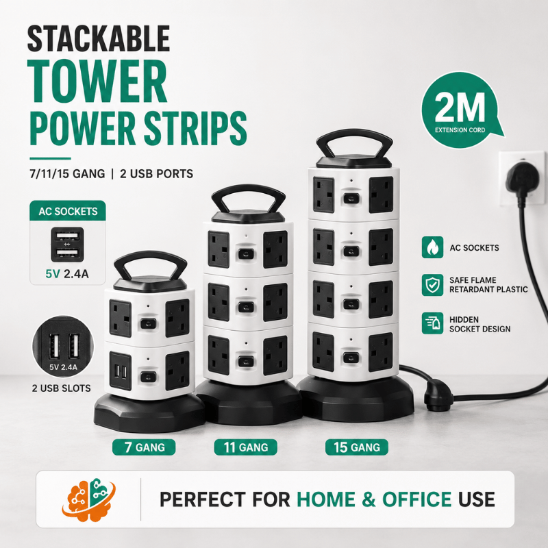 PowerTower Pro - Vertical tower socket with surge protection, USB ports, and 2m extension